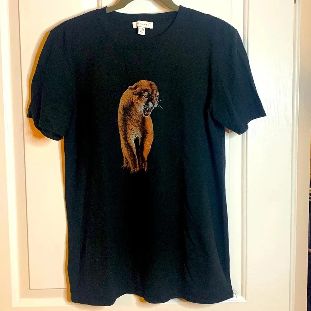 EUC WOMENS TOPSHOP BLACK GRAPHIC T-SHIRT SIZE MEDIUM (UK)